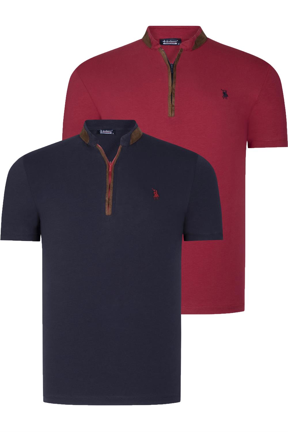 İKİLİ SET T8571 DEWBERRY FERMUARLI ERKEK T-SHIRT-LACİVERT- BORDO