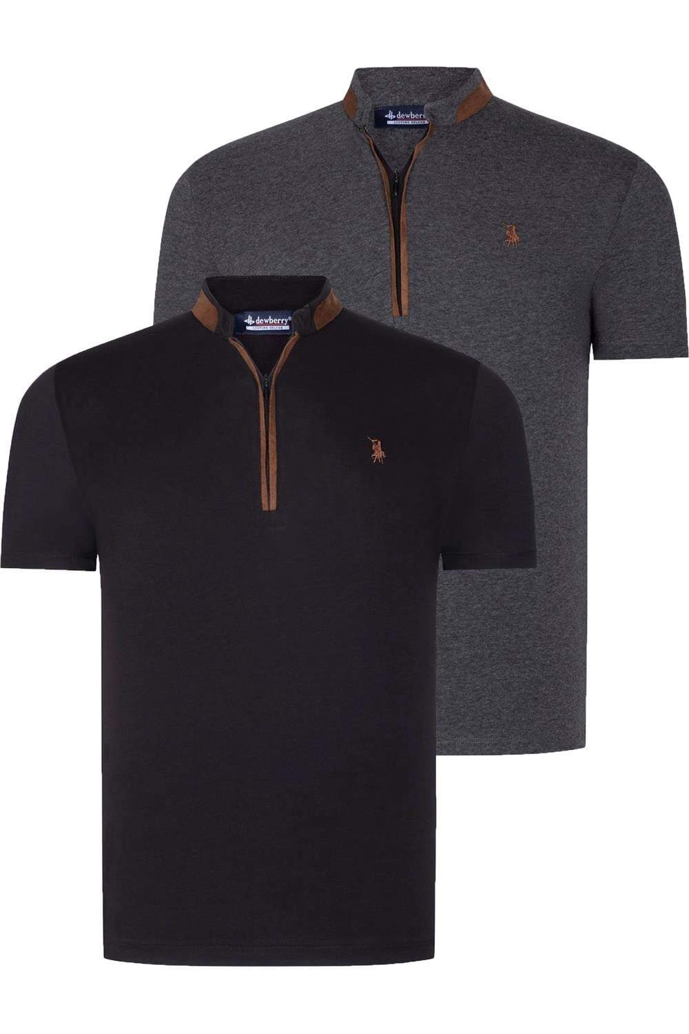 İKİLİ SET T8571 DEWBERRY FERMUARLI ERKEK T-SHIRT-ANTRASİT-SİYAH