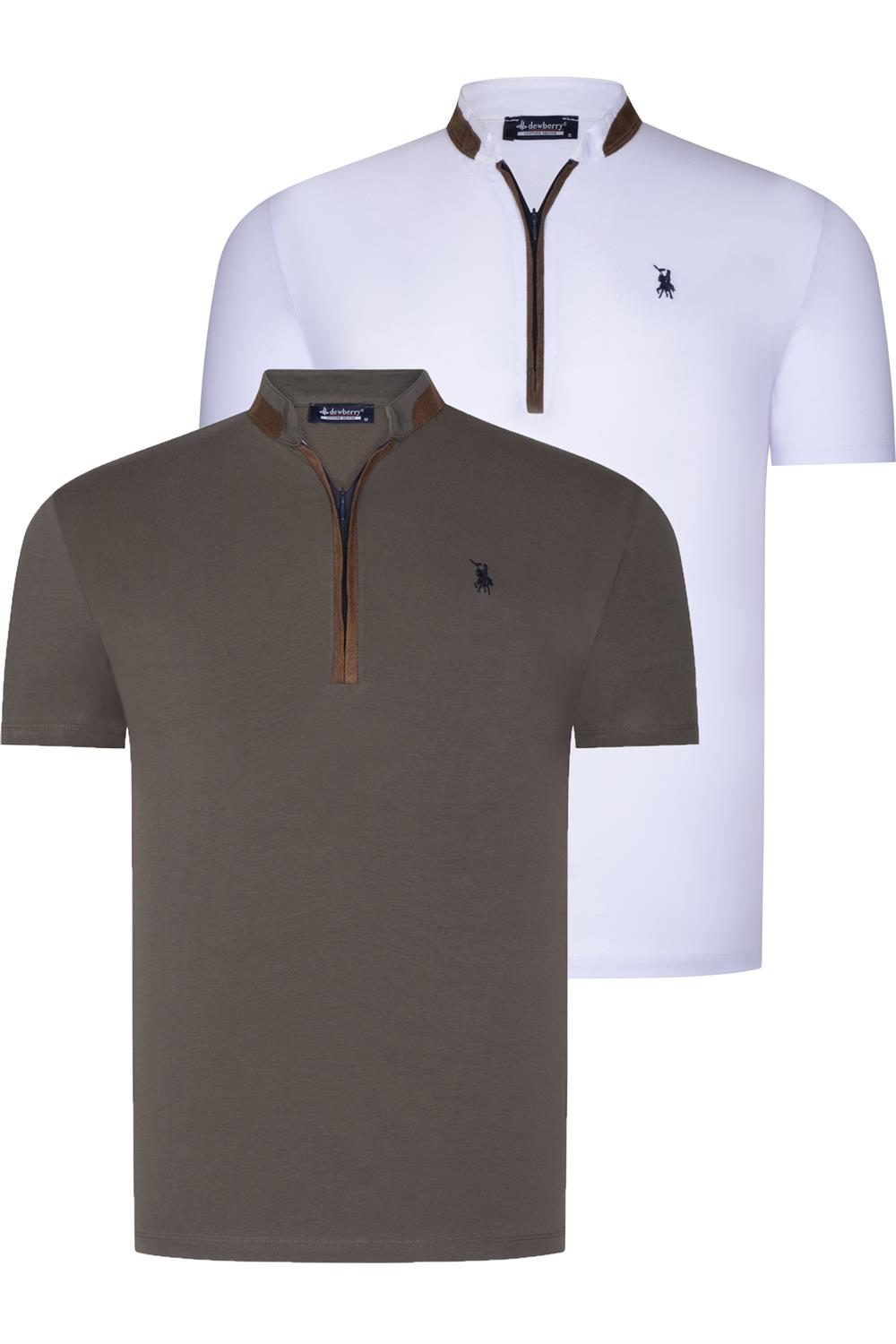 İKİLİ SET T8571 DEWBERRY FERMUARLI ERKEK T-SHIRT-BEYAZ-HAKİ