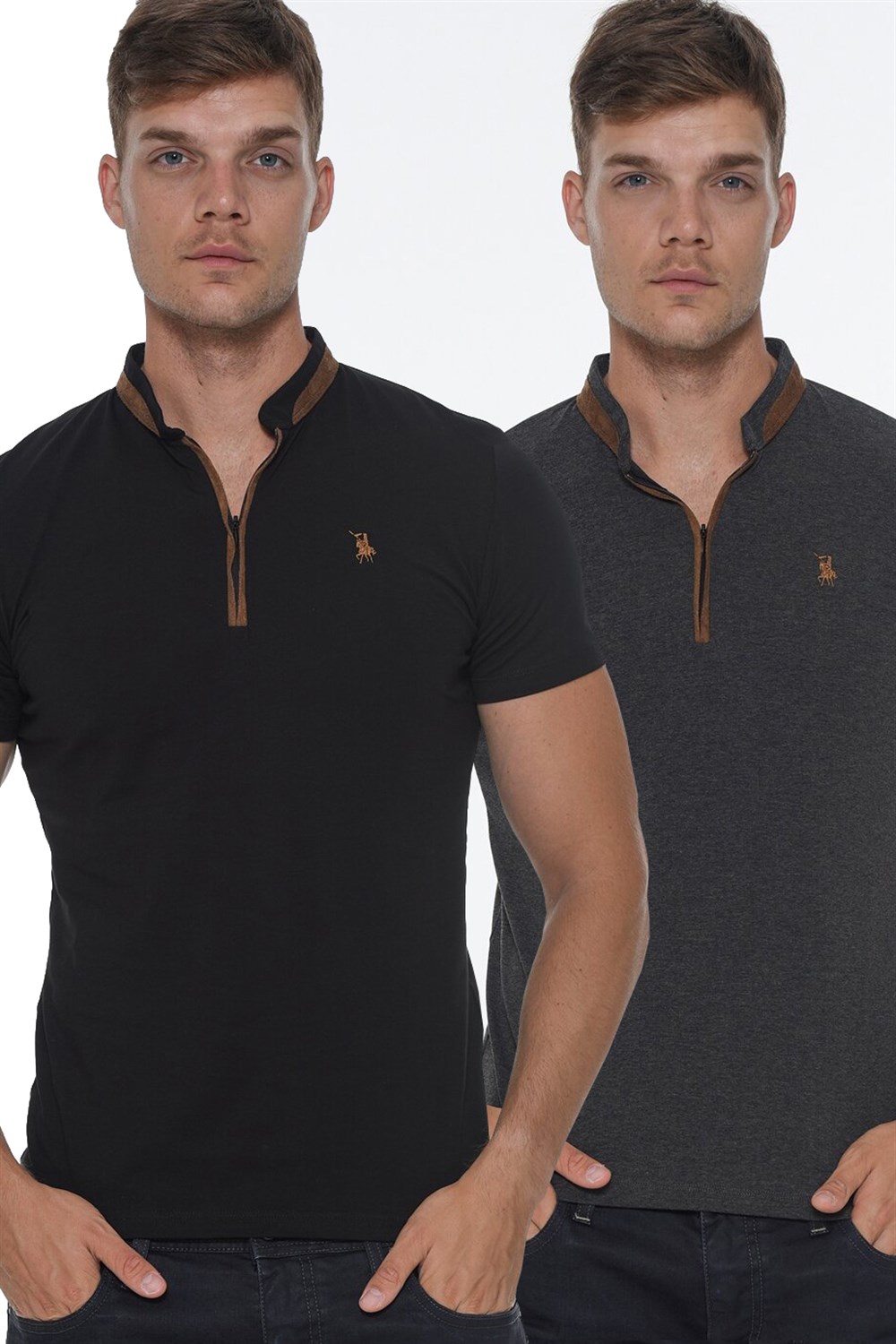 İKİLİ SET T8571 DEWBERRY FERMUARLI ERKEK T-SHIRT-SİYAH-ANTRASİT