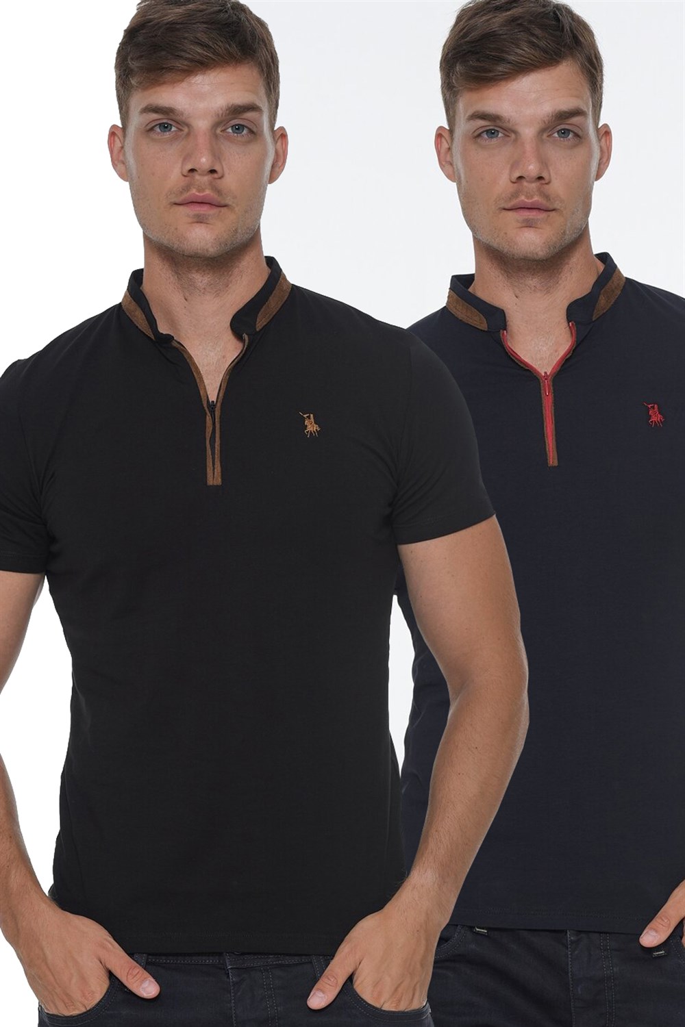 İKİLİ SET T8571 DEWBERRY FERMUARLI ERKEK T-SHIRT-LACİVERT - SİYAH