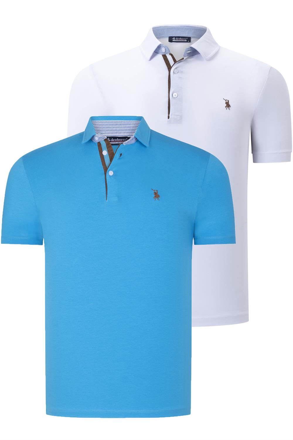 İKİLİ SET T8582 DEWBERRY ERKEK T-SHIRT-BEYAZ-KOYU TURKUAZ