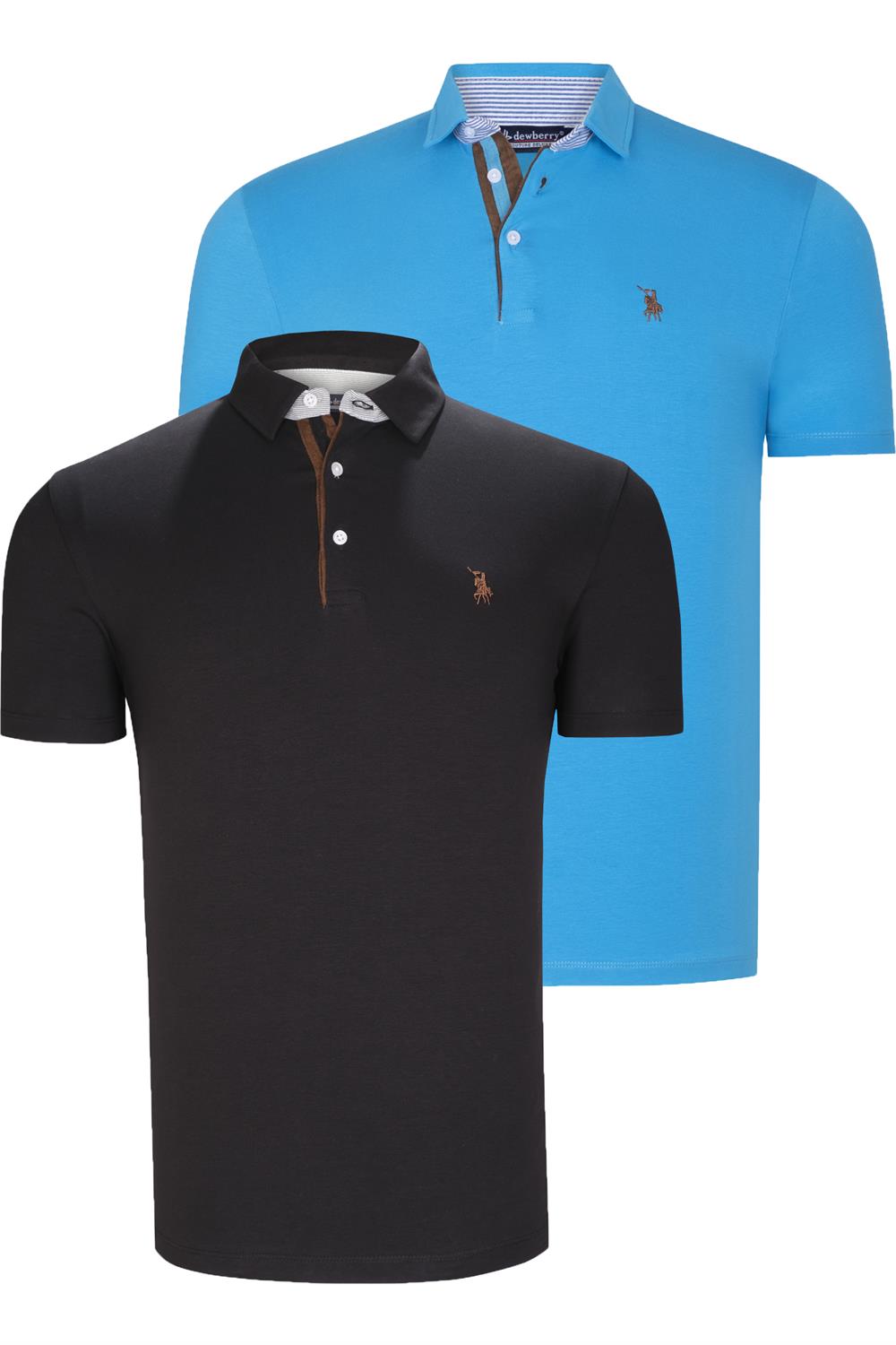 İKİLİ SET T8582 DEWBERRY ERKEK T-SHIRT-SİYAH-KOYU TURKUAZ
