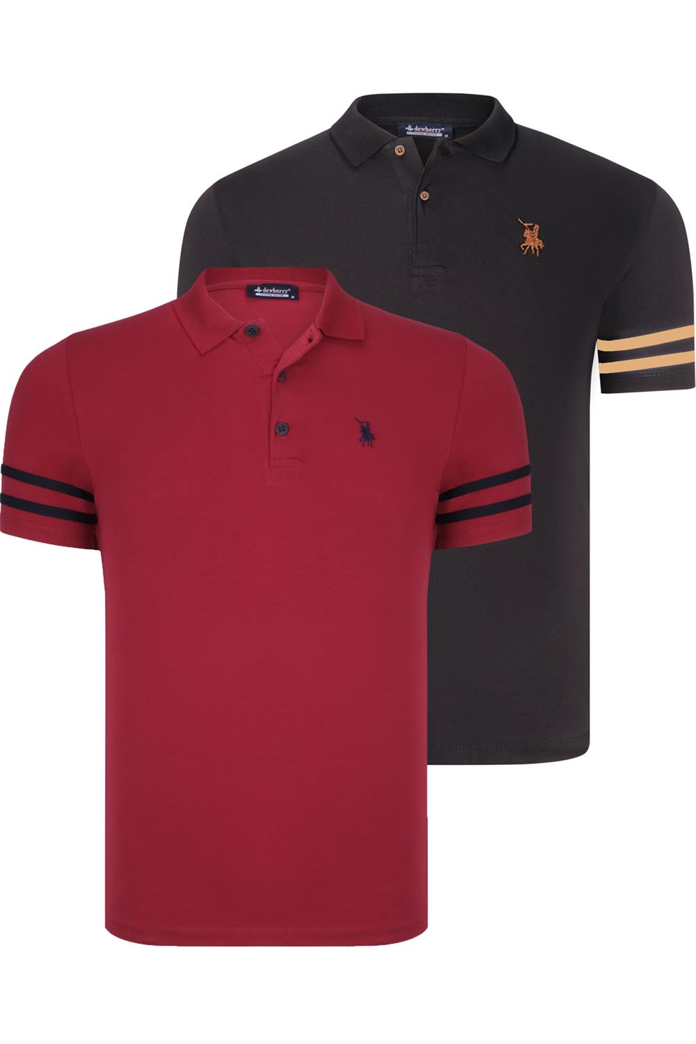 İKİLİ SET T8585 DEWBERRY ERKEK T-SHIRT-SİYAH CAMEL-BORDO