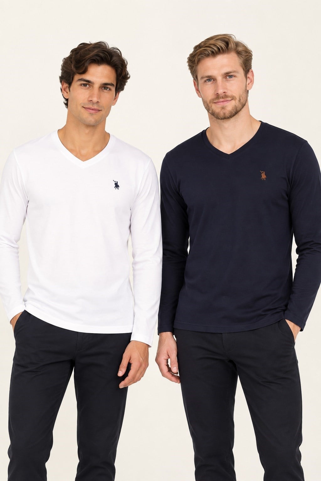 İKİLİ SET T8587 DEWBERRY V YAKA ERKEK SWEATSHIRT-LACİVERT-BEYAZ