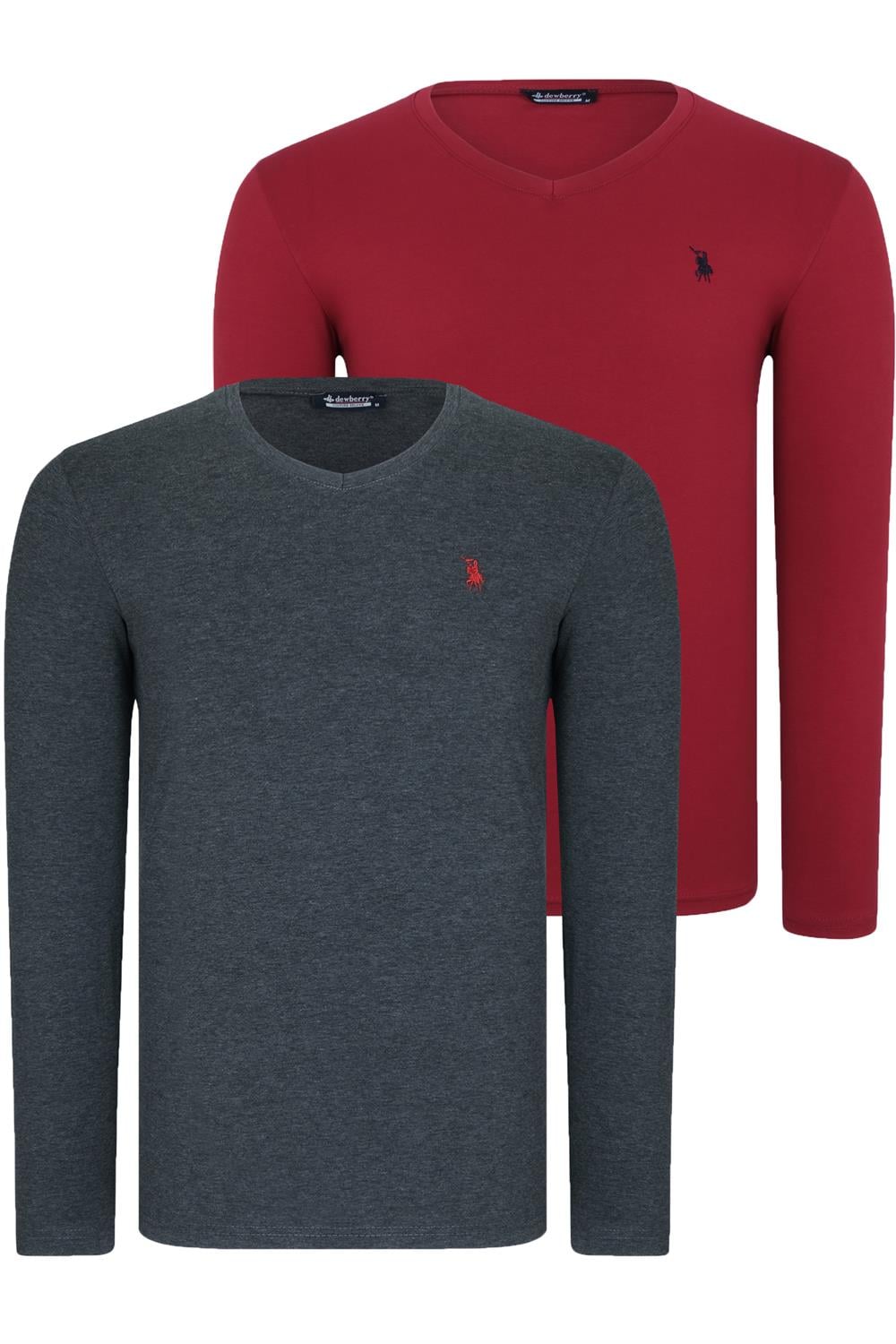 İKİLİ SET T8587 DEWBERRY V YAKA ERKEK SWEATSHIRT-BORDO-ANTRASİT