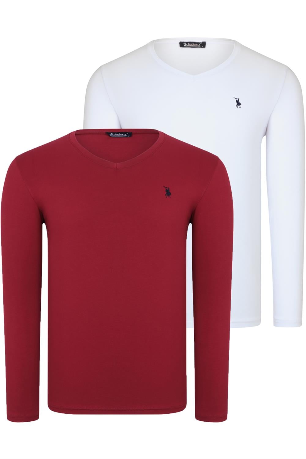 İKİLİ SET T8587 DEWBERRY V YAKA ERKEK SWEATSHIRT-BEYAZ-BORDO