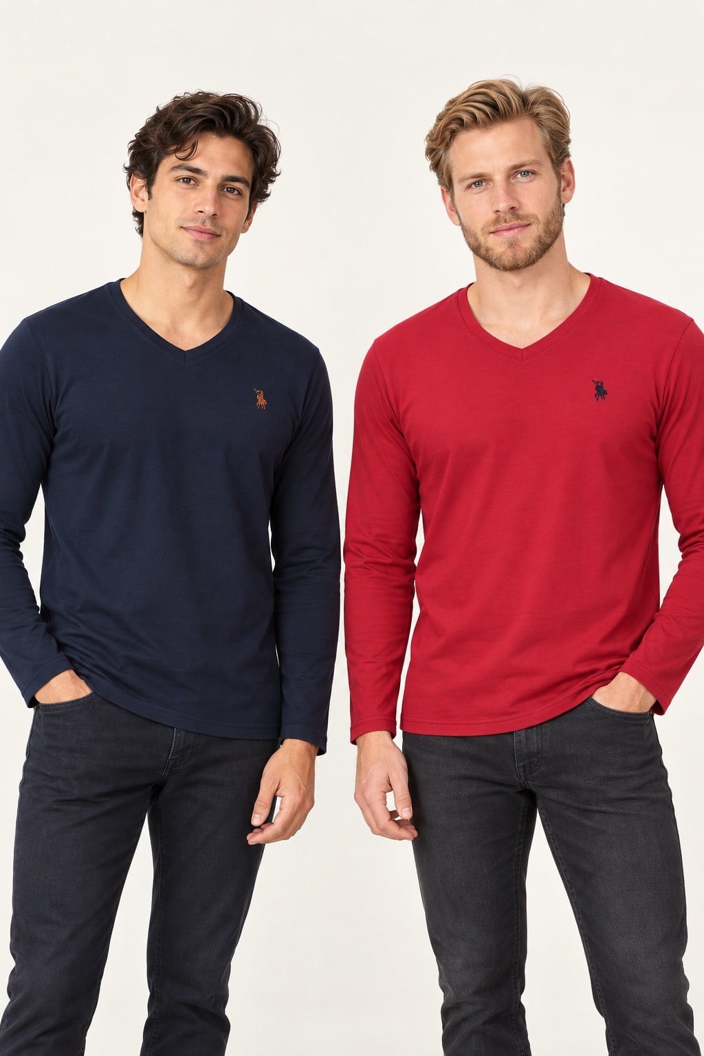 İKİLİ SET T8587 DEWBERRY V YAKA ERKEK SWEATSHIRT-BORDO-LACİVERT