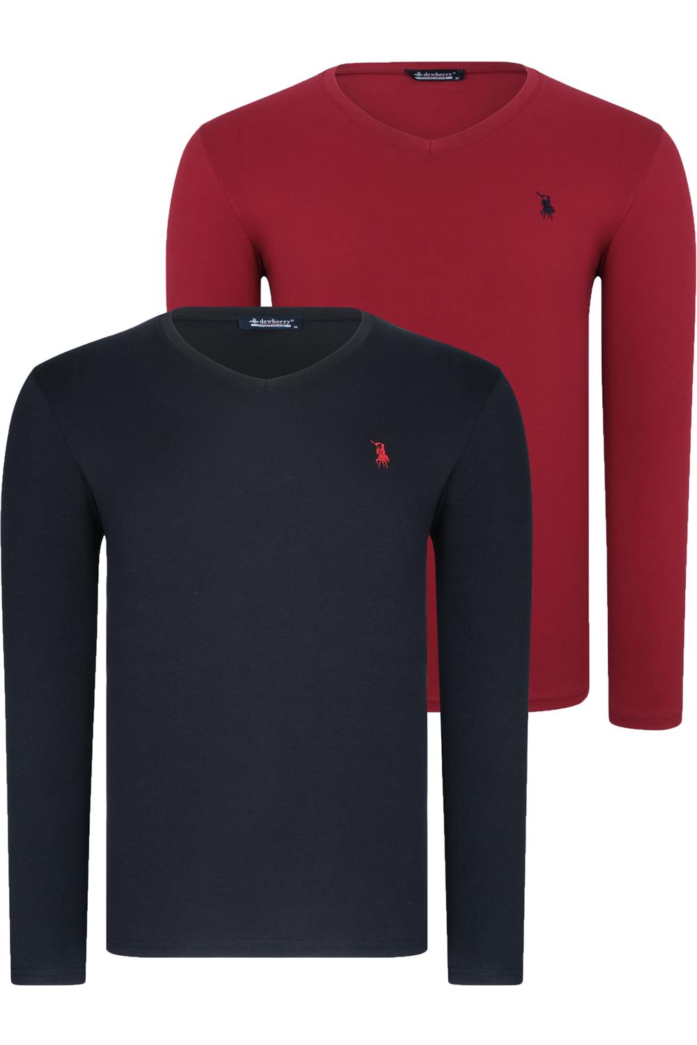 İKİLİ SET T8587 DEWBERRY V YAKA ERKEK SWEATSHIRT-SİYAH-BORDO