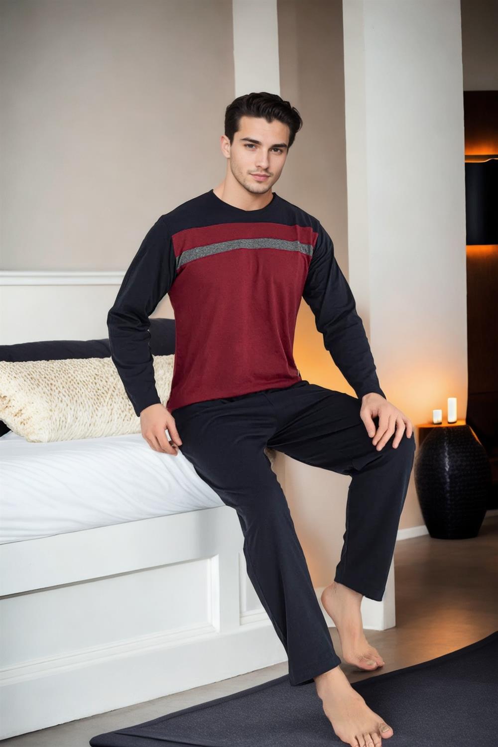 J2452 Dewberry Mens Long Sleeve Pjyama Set-BORDO