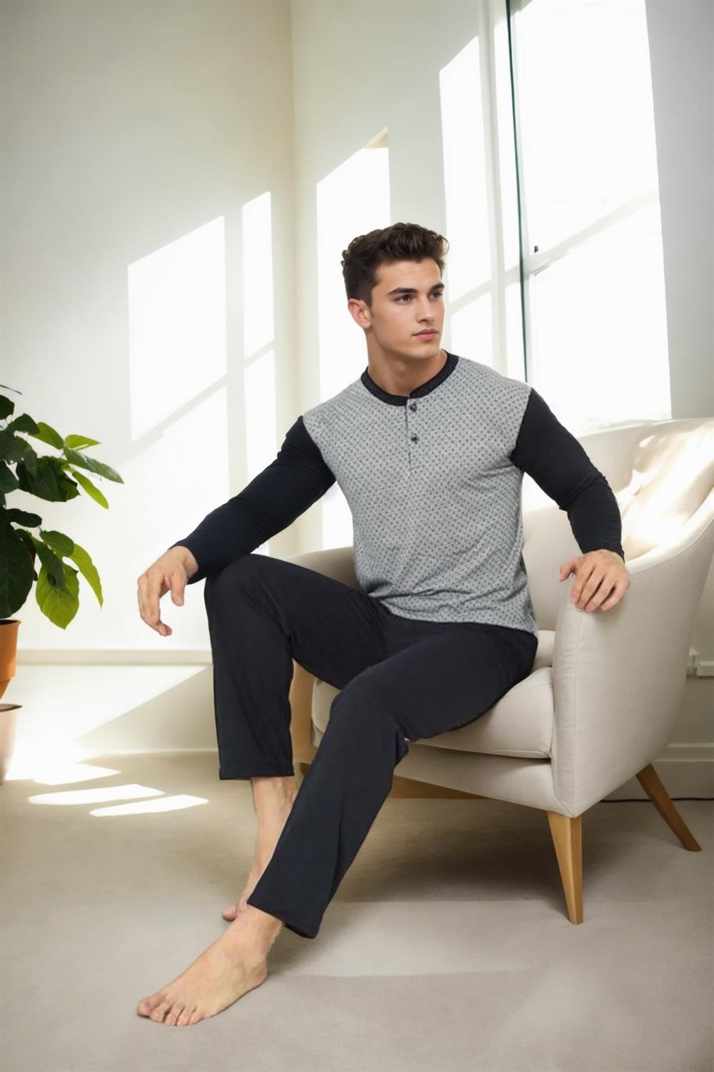 J2580 Dewberry Mens Jacquard Pyjama Set-GRİ