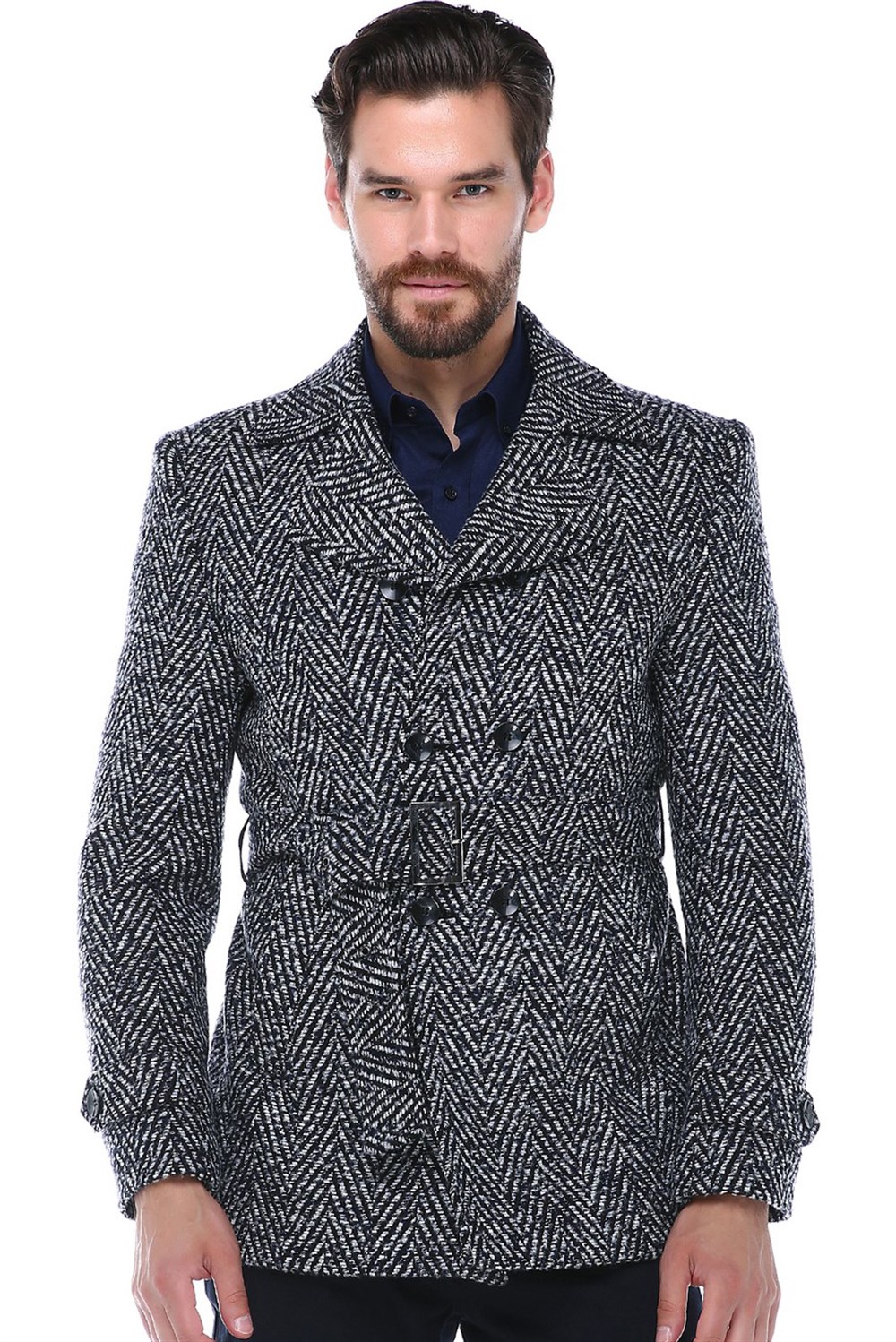 K7539 DEWBERRY SLIM-FIT ERKEK KABAN-DESENLİ LACİVERT