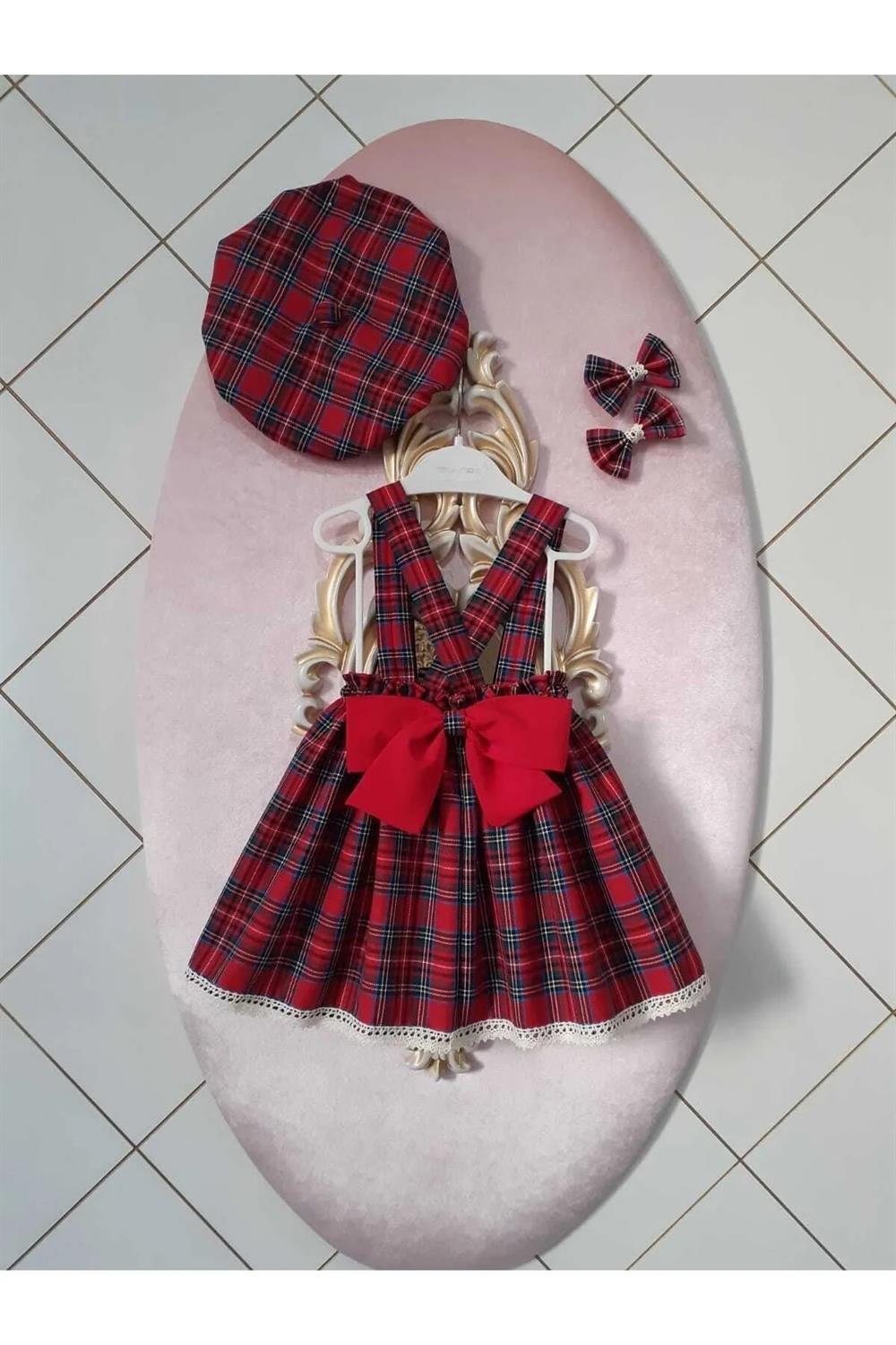 N7995 Dewberry Baby Plaid Salopette Dress & Hat & Buckle Set-KIRMIZI