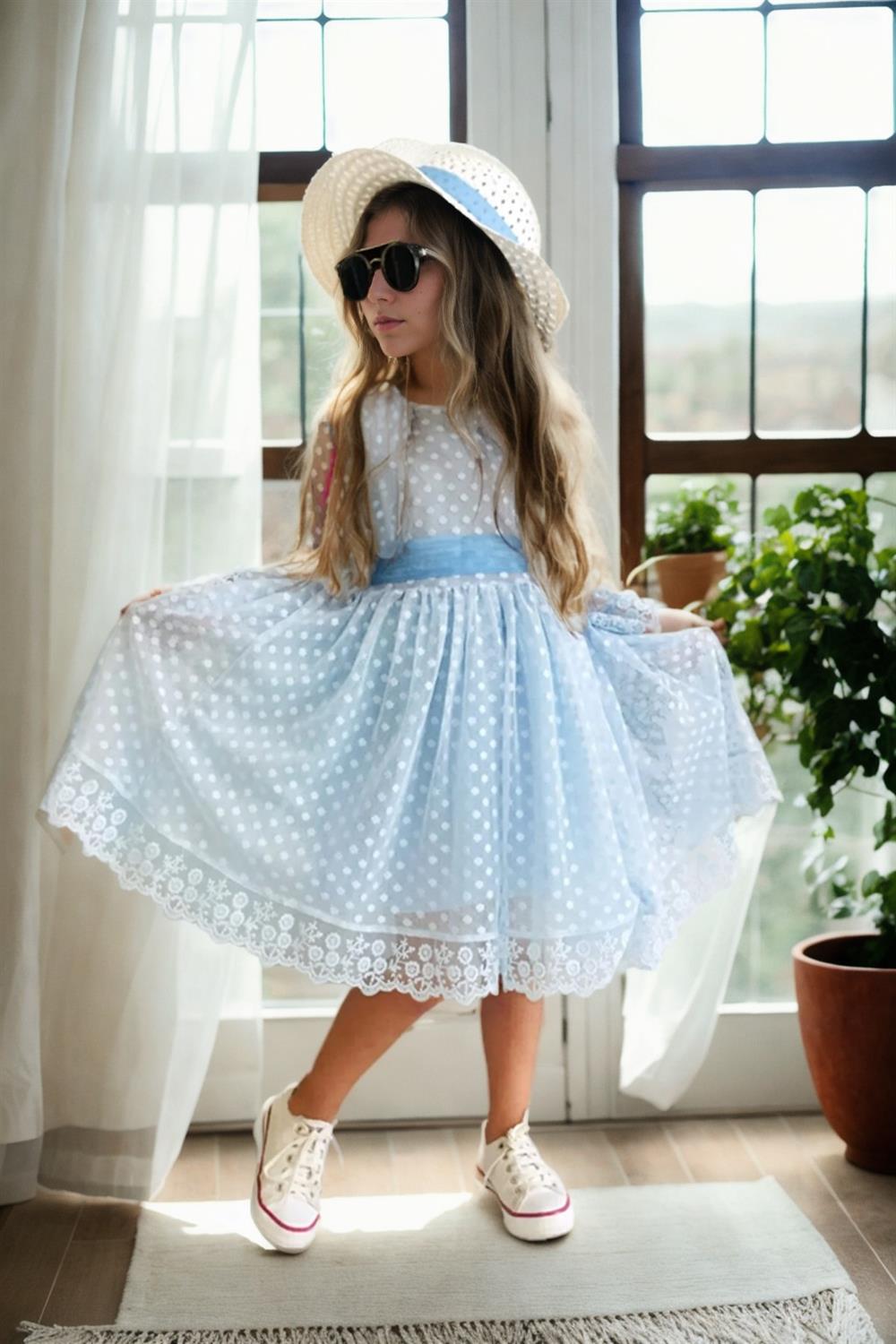 N8712 Dewberry Princess Model Girls Dress with Hat & Lace-MAVİ