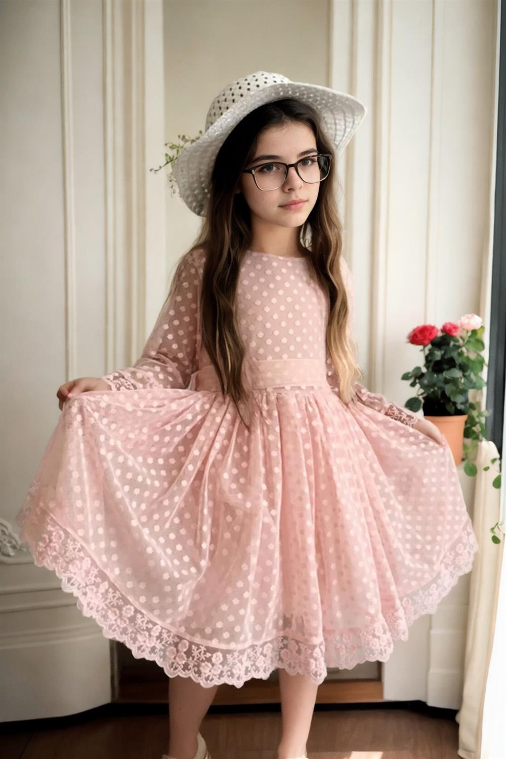 N8712 Dewberry Princess Model Girls Dress with Hat & Lace-PEMBE