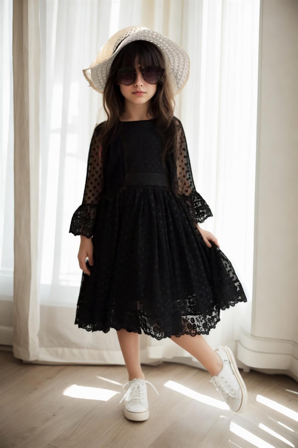 N8712 Dewberry Princess Model Girls Dress with Hat & Lace-SİYAH