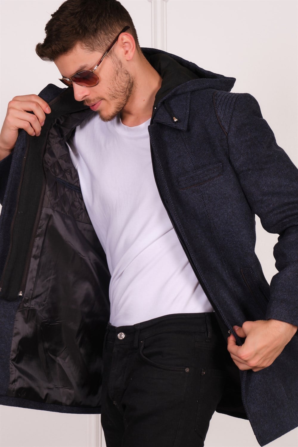 PLT8335 DEWBERRY ERKEK PALTO-DİAGONAL SİYAH-MAVİ