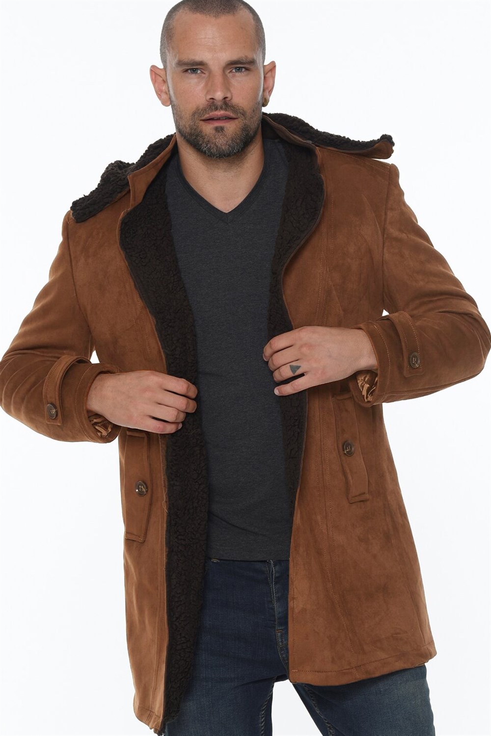 PLT8399 DEWBERRY SÜET GÖRÜNÜMLÜ ERKEK PALTO-AÇIK CAMEL