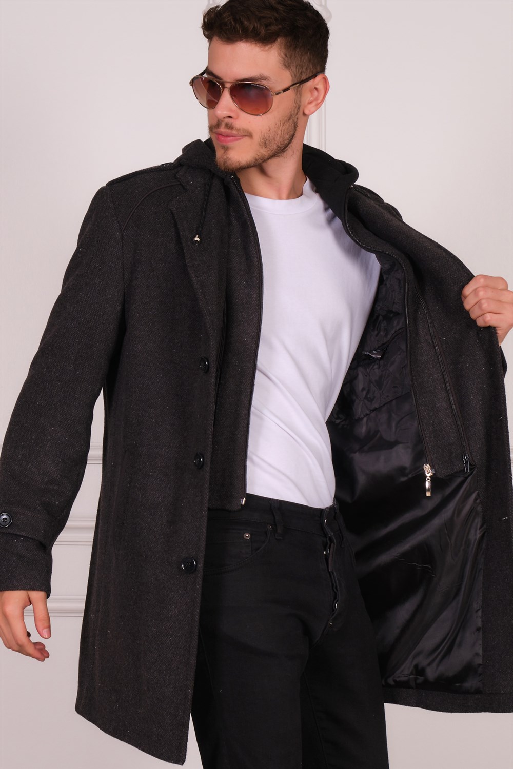 PLT8401 DEWBERRY ERKEK PALTO-DESENLİ SİYAH