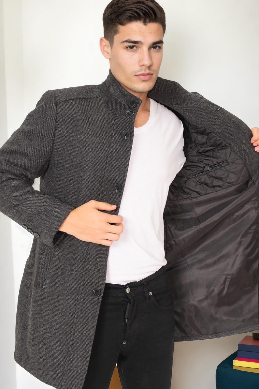 PLT9386 DEWBERRY ERKEK PALTO-DİAGONAL SİYAH-ANTRASİT