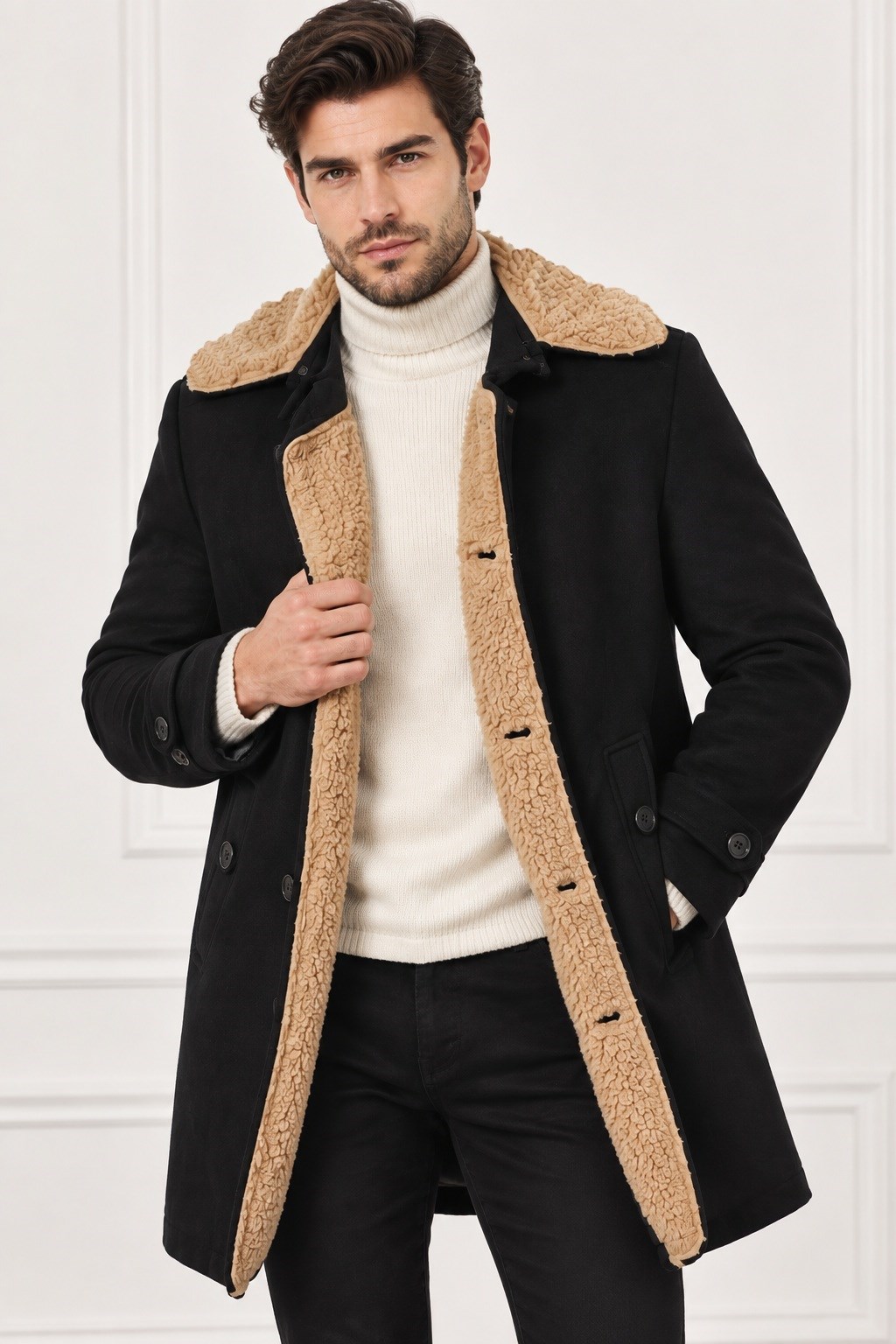 PLT9399 DEWBERRY SÜET GÖRÜNÜMLÜ ERKEK PALTO-DÜZ SİYAH