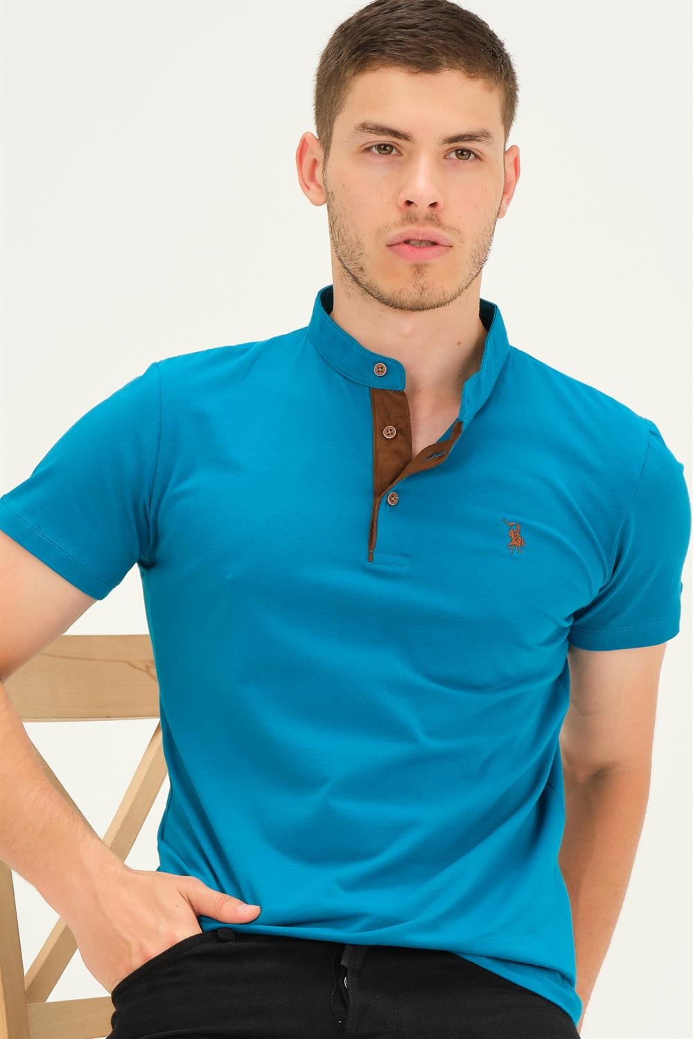 T8560 DEWBERRY T-SHIRT-KOYU TURKUAZ-CAMEL