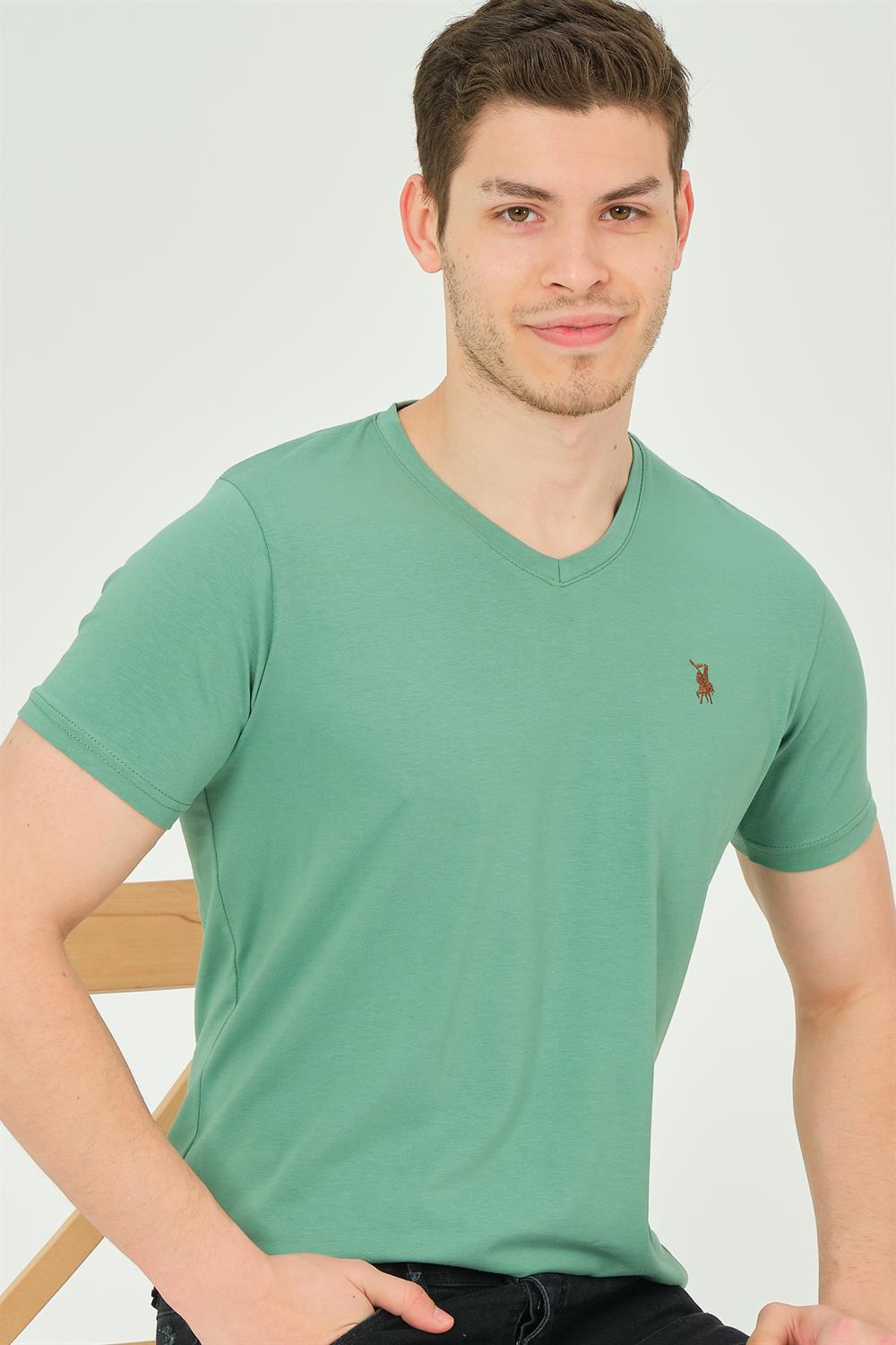 T8568 DEWBERRY V YAKA ERKEK T-SHIRT-AÇIK YEŞİL
