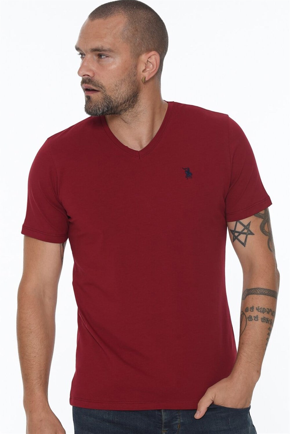 T8568 DEWBERRY V YAKA ERKEK T-SHIRT-BORDO