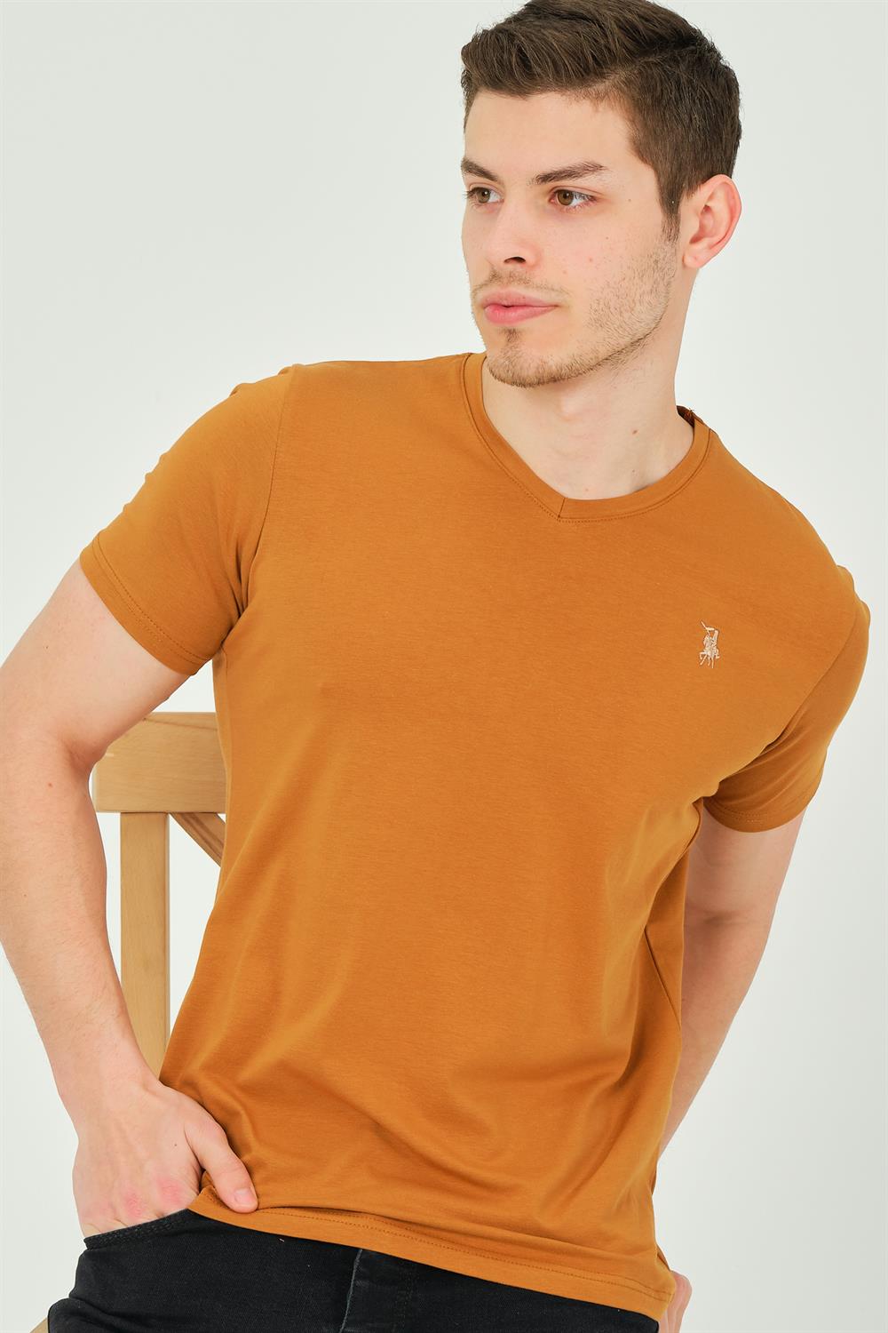 T8568 DEWBERRY V YAKA ERKEK T-SHIRT-DÜZ CAMEL