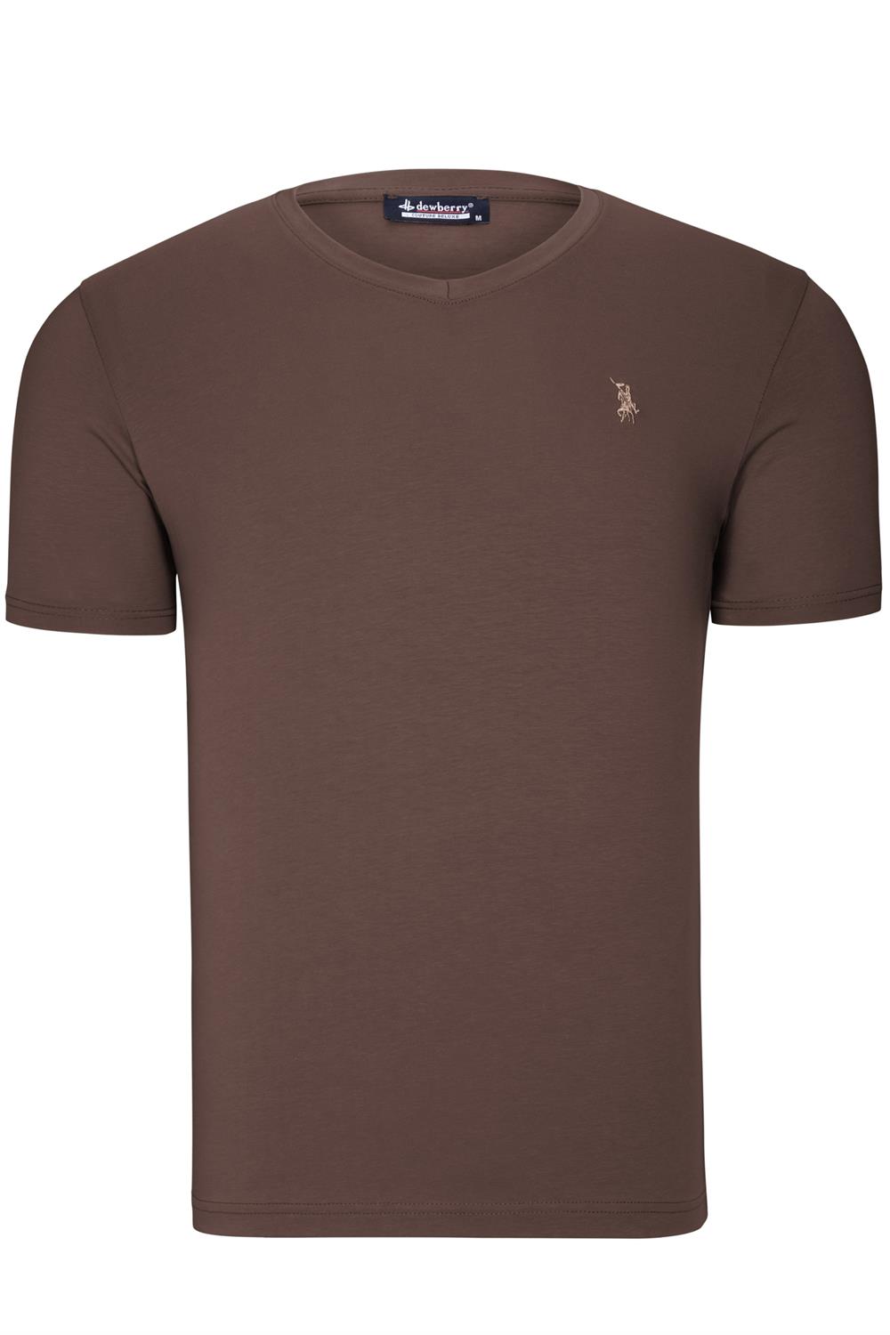 T8568 DEWBERRY V YAKA ERKEK T-SHIRT-DÜZ KAHVE