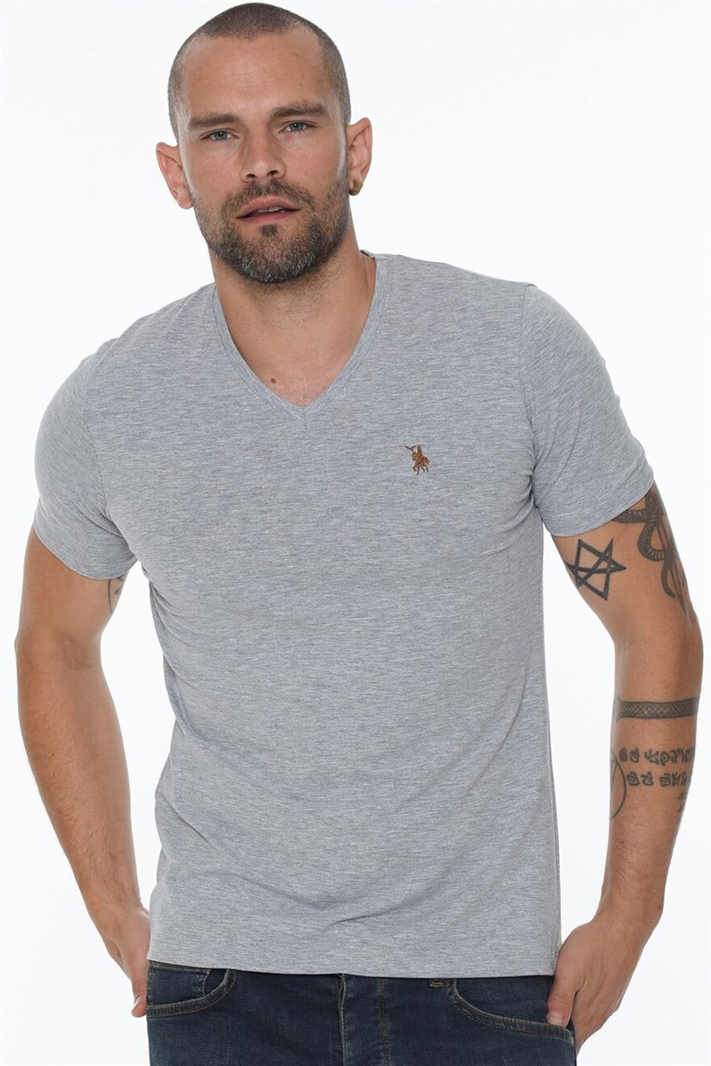 T8568 DEWBERRY V YAKA ERKEK T-SHIRT-GRİ