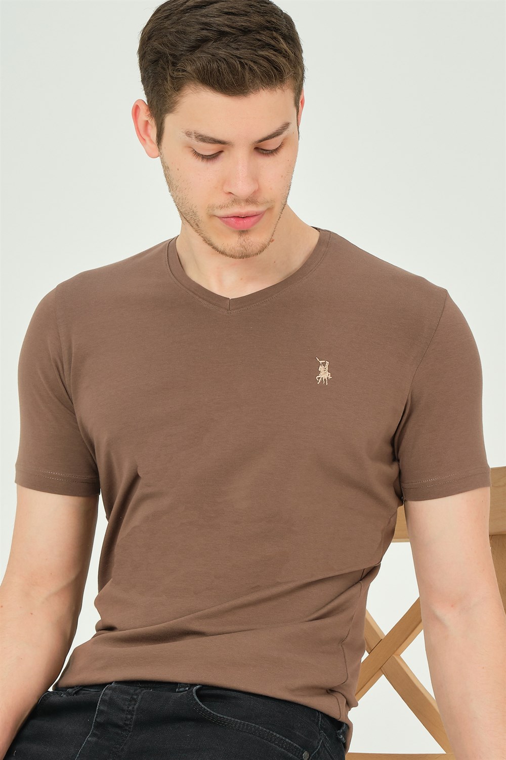 T8568 DEWBERRY V YAKA ERKEK T-SHIRT-KAHVE