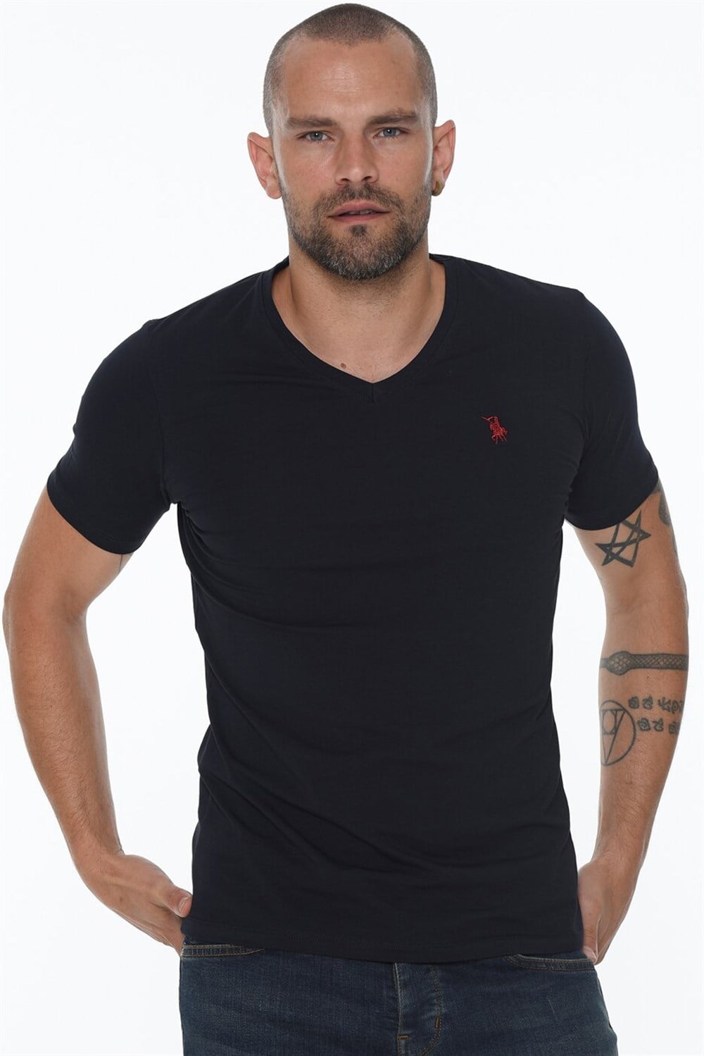 T8568 DEWBERRY V YAKA ERKEK T-SHIRT-LACİVERT