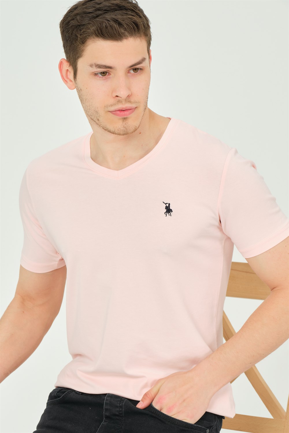 T8568 DEWBERRY V YAKA ERKEK T-SHIRT-PEMBE