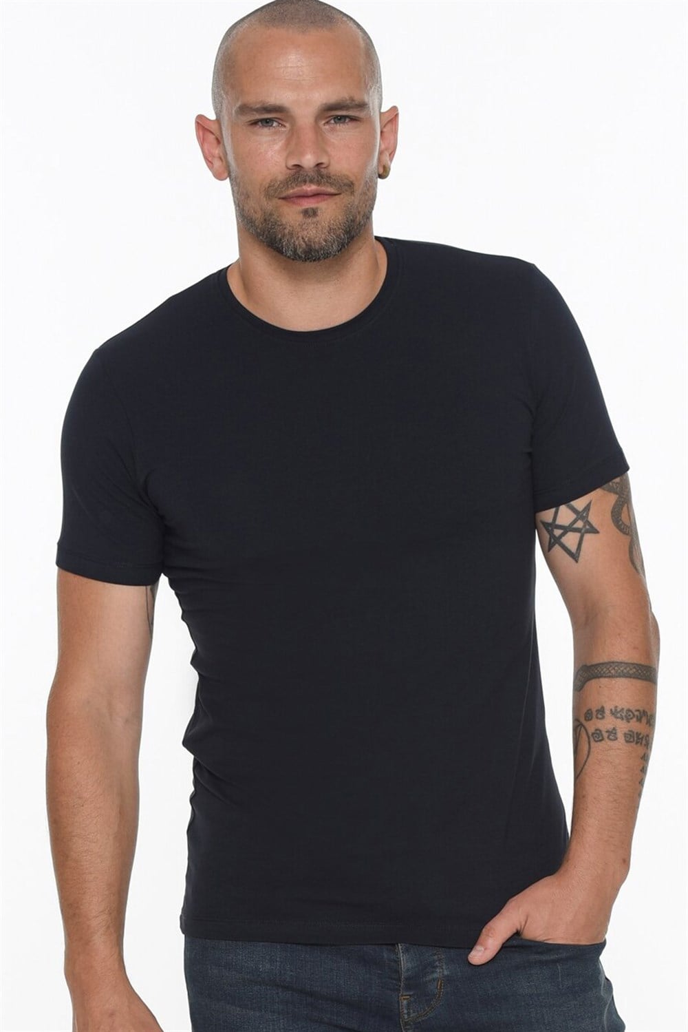 T8569 DEWBERRY BİSİKLET YAKA ERKEK T-SHIRT-LACİVERT