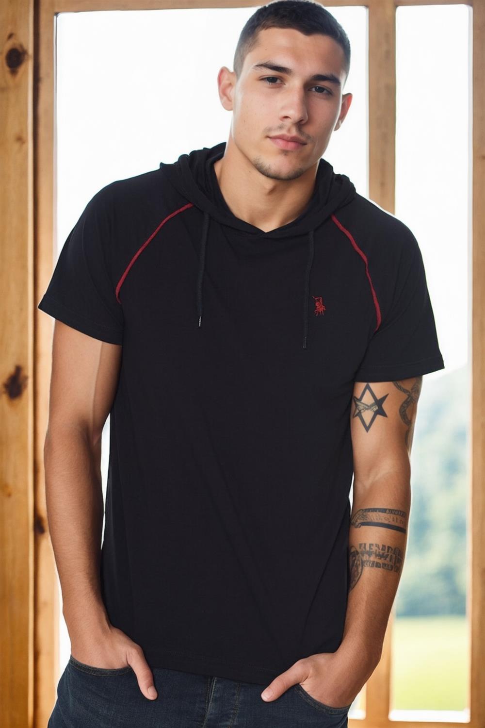 T8570 DEWBERRY KAPŞONLU ERKEK T-SHIRT-KOYU LACİVERT