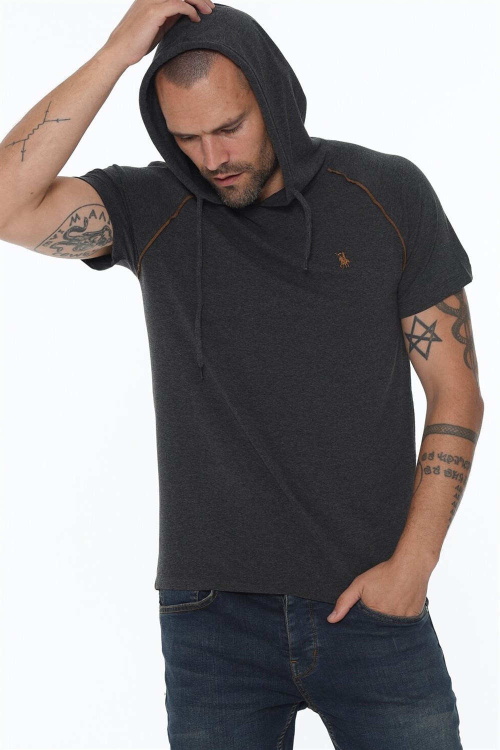 T8570 DEWBERRY KAPŞONLU ERKEK T-SHIRT-ANTRASİT