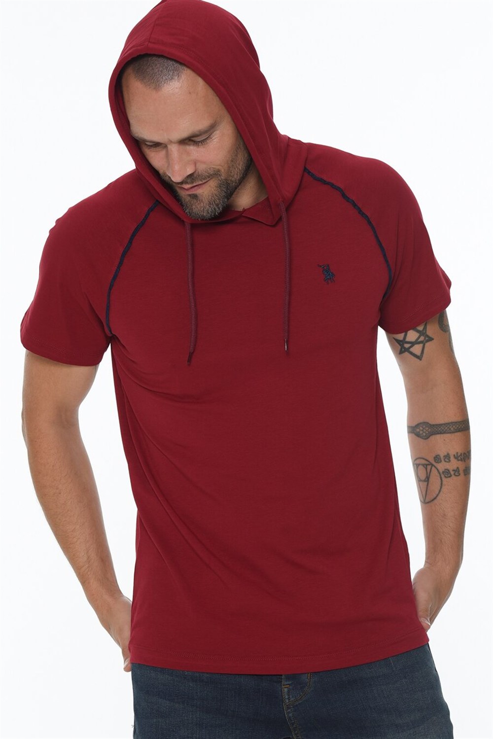 T8570 DEWBERRY KAPŞONLU ERKEK T-SHIRT-BORDO