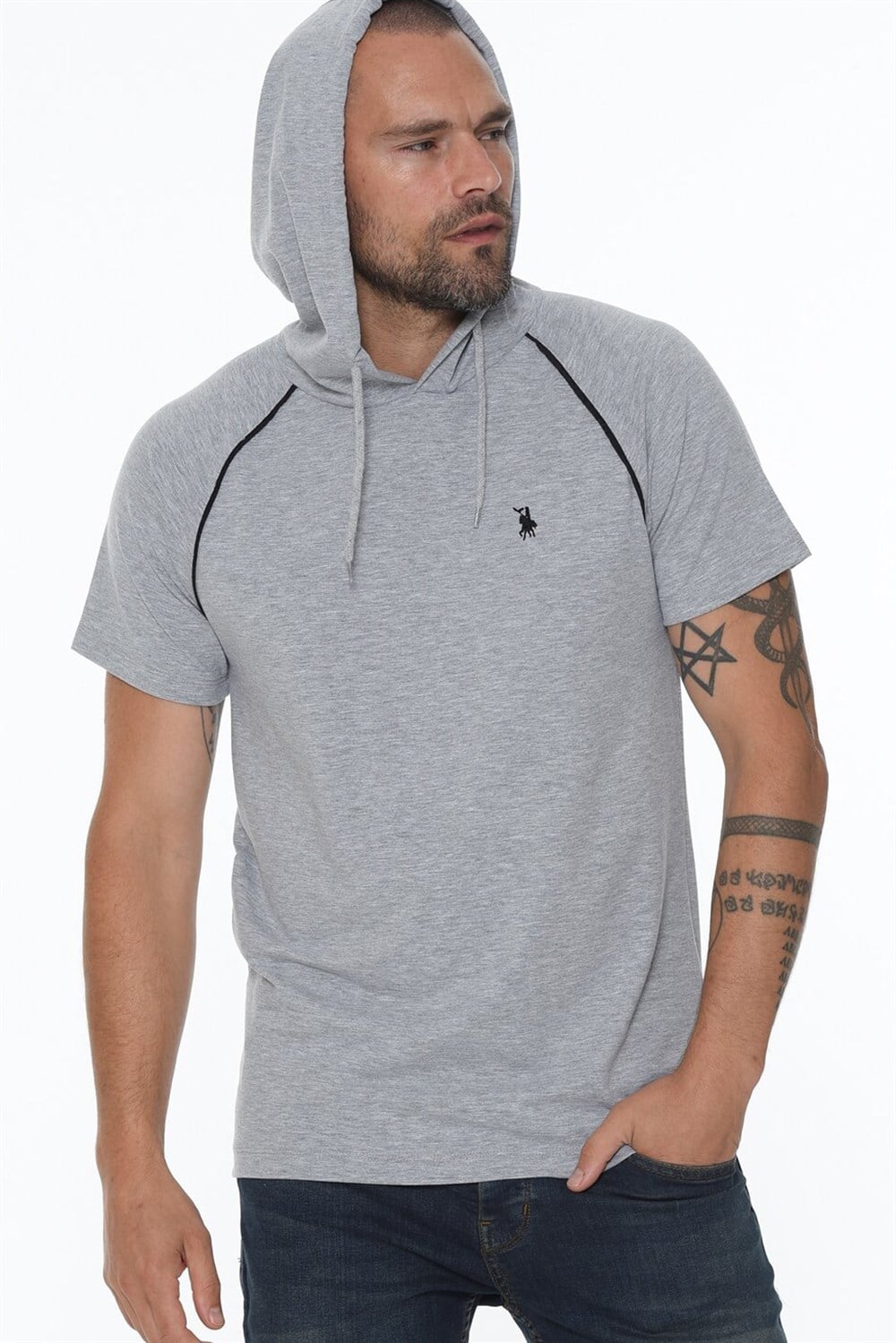 T8570 DEWBERRY KAPŞONLU ERKEK T-SHIRT-GRİ
