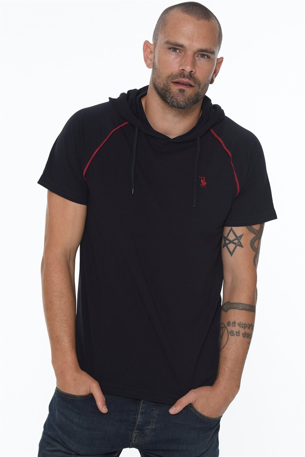 T8570 DEWBERRY KAPŞONLU ERKEK T-SHIRT-LACİVERT
