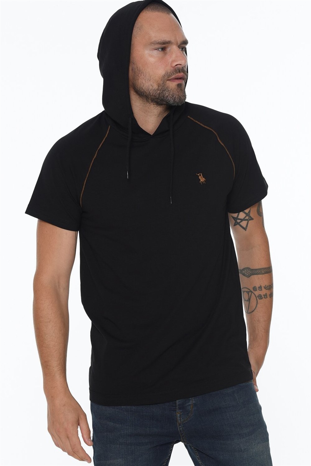 T8570 DEWBERRY KAPŞONLU ERKEK T-SHIRT-SİYAH