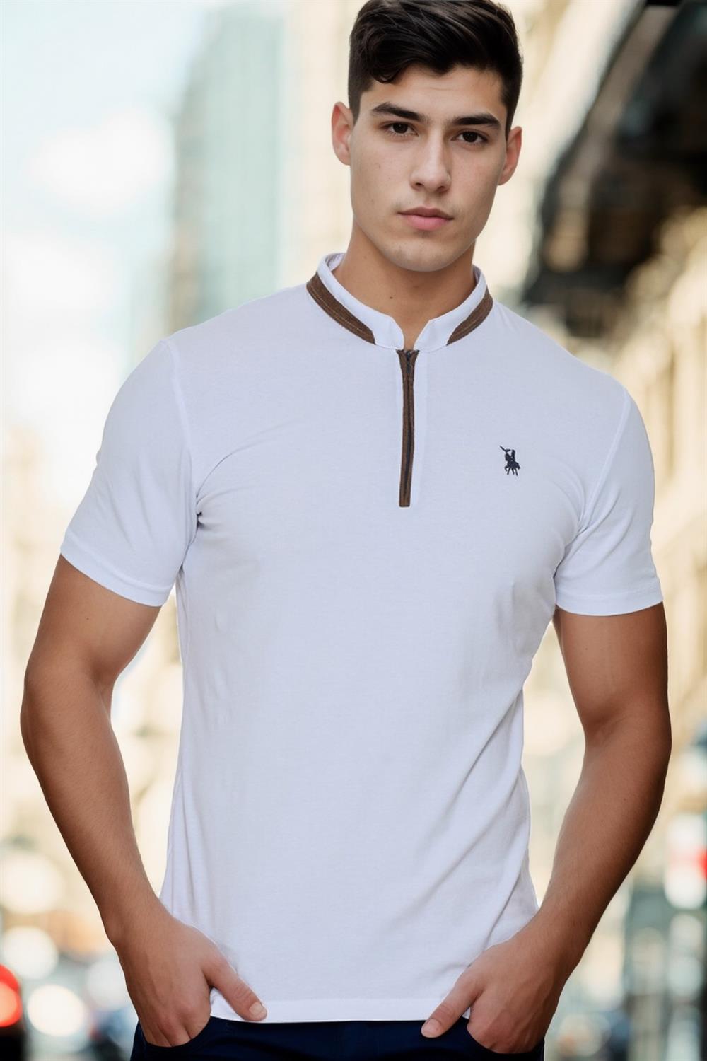 T8571 DEWBERRY FERMUARLI ERKEK T-SHIRT-AÇIK BEYAZ