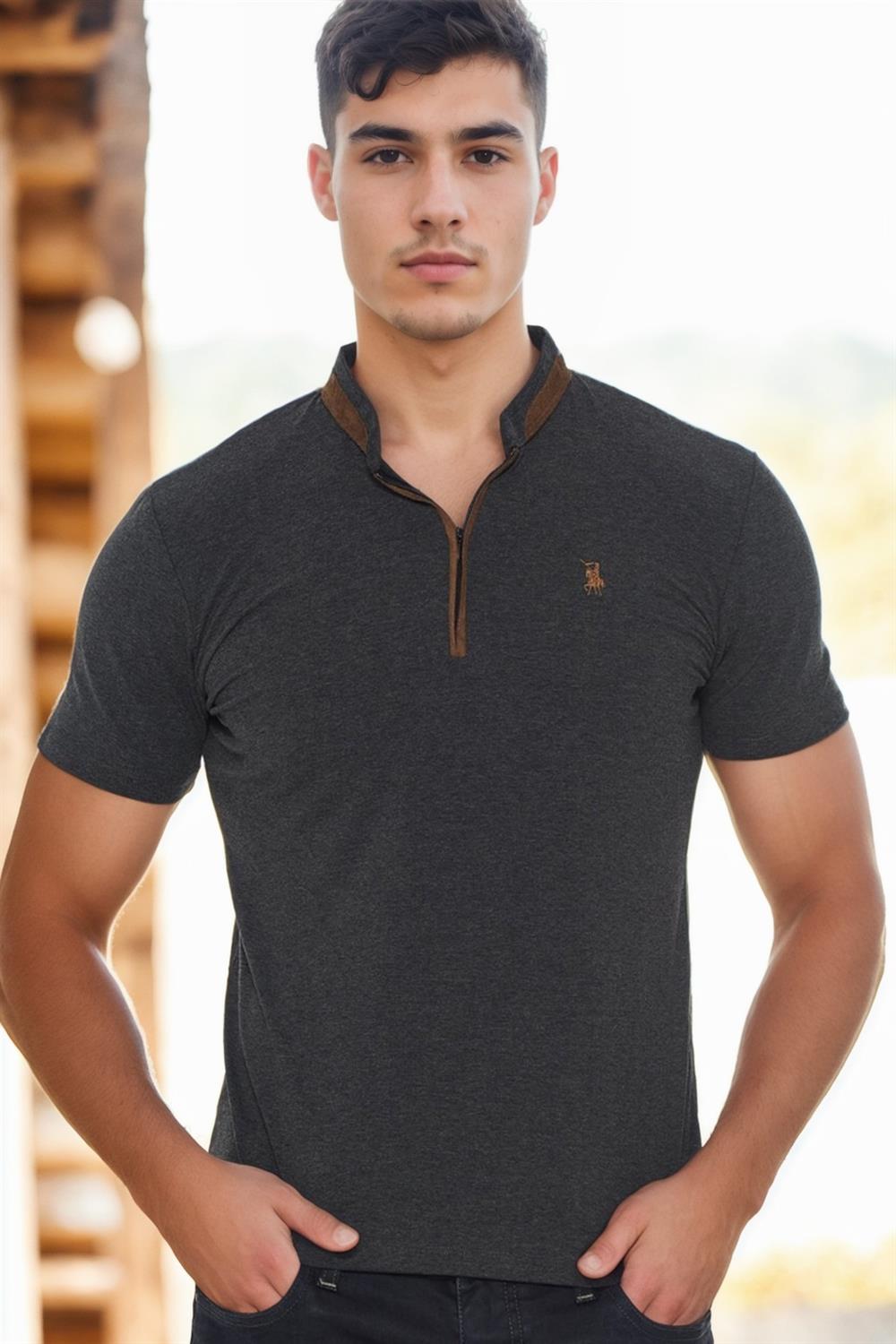 T8571 DEWBERRY FERMUARLI ERKEK T-SHIRT-AÇIK ANTRASİT