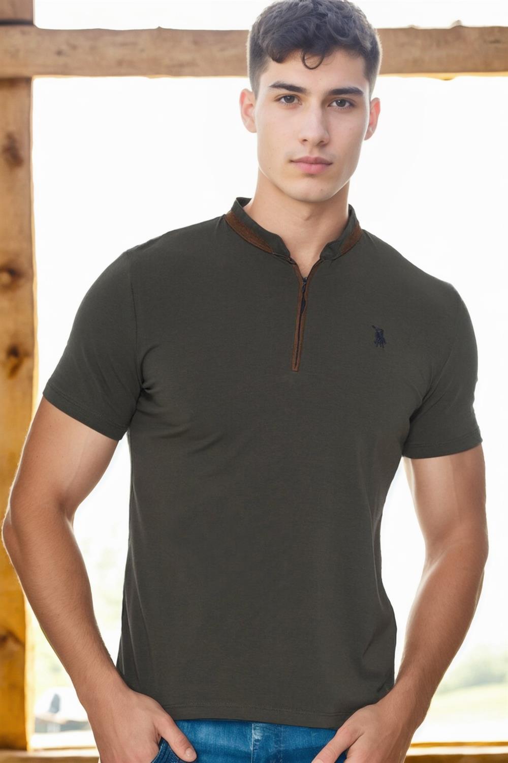 T8571 DEWBERRY FERMUARLI ERKEK T-SHIRT-HAKİ-1