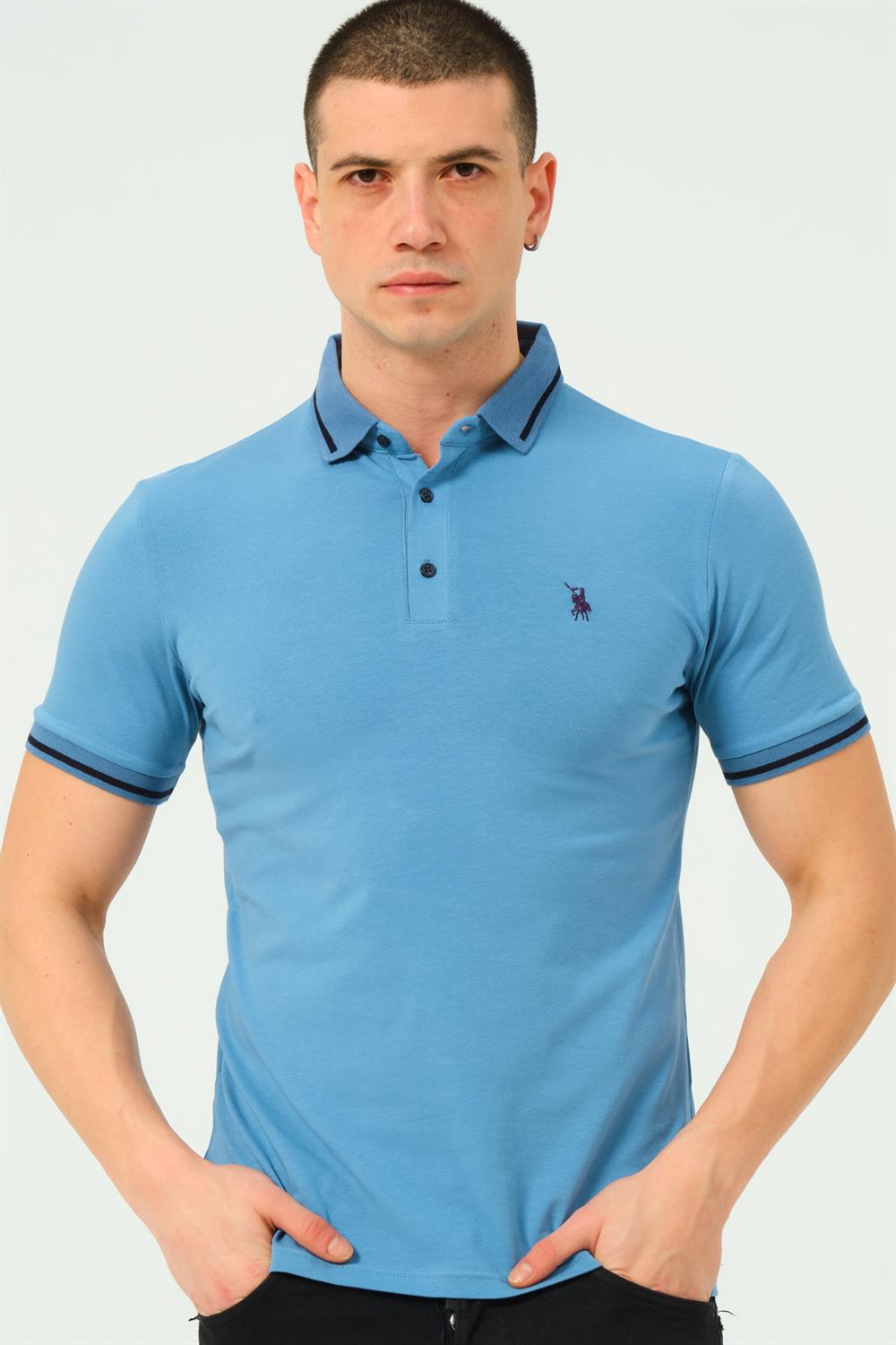 T8586 DEWBERRY ERKEK POLO YAKA T-SHIRT-DÜZ İNDİGO