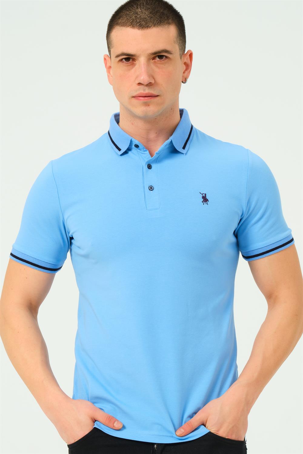 T8586 DEWBERRY ERKEK POLO YAKA T-SHIRT-DÜZ AÇIK MAVİ