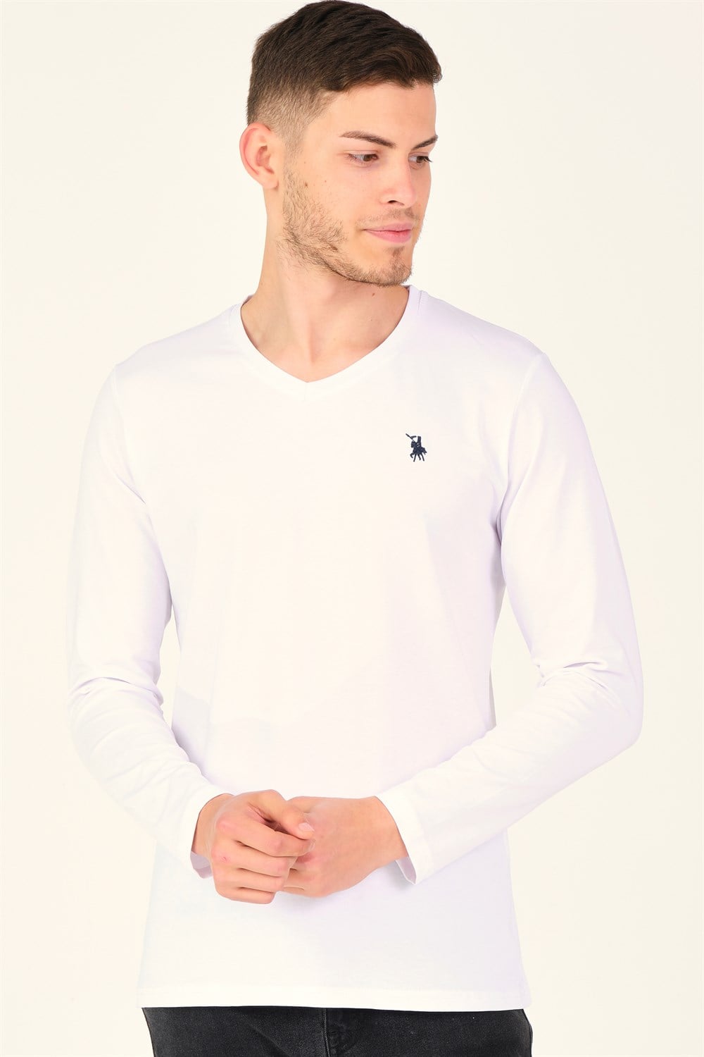 T8587 DEWBERRY V YAKA ERKEK SWEATSHIRT-KAR BEYAZ