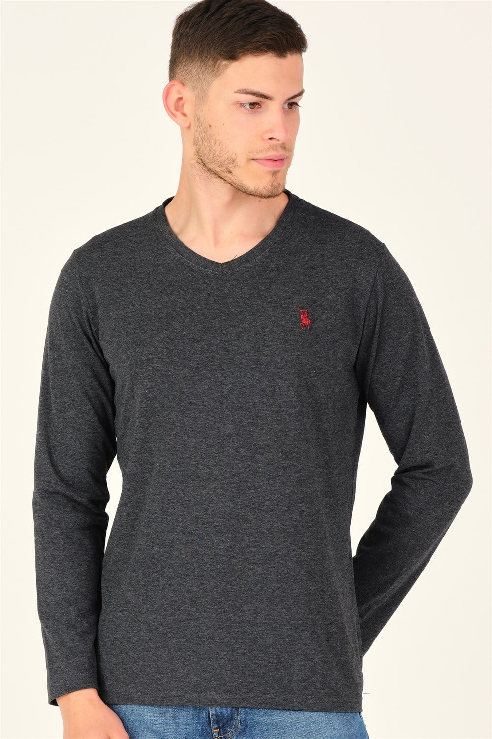 T8587 DEWBERRY V YAKA ERKEK SWEATSHIRT-KOYU ANTRASİT