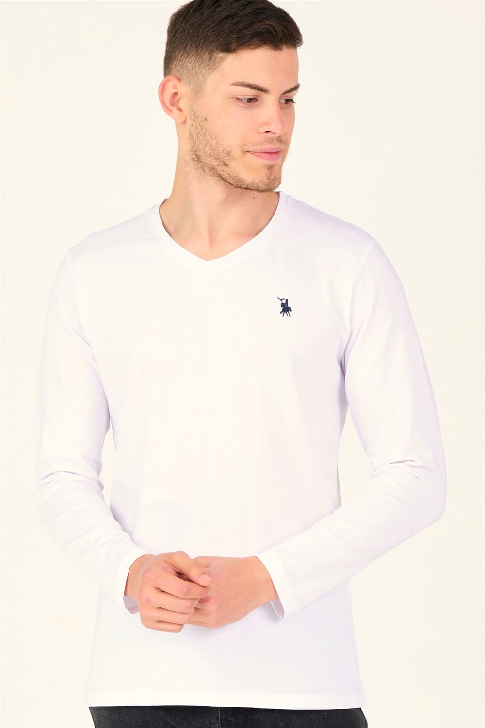 T8587 DEWBERRY V YAKA ERKEK SWEATSHIRT-BEYAZ
