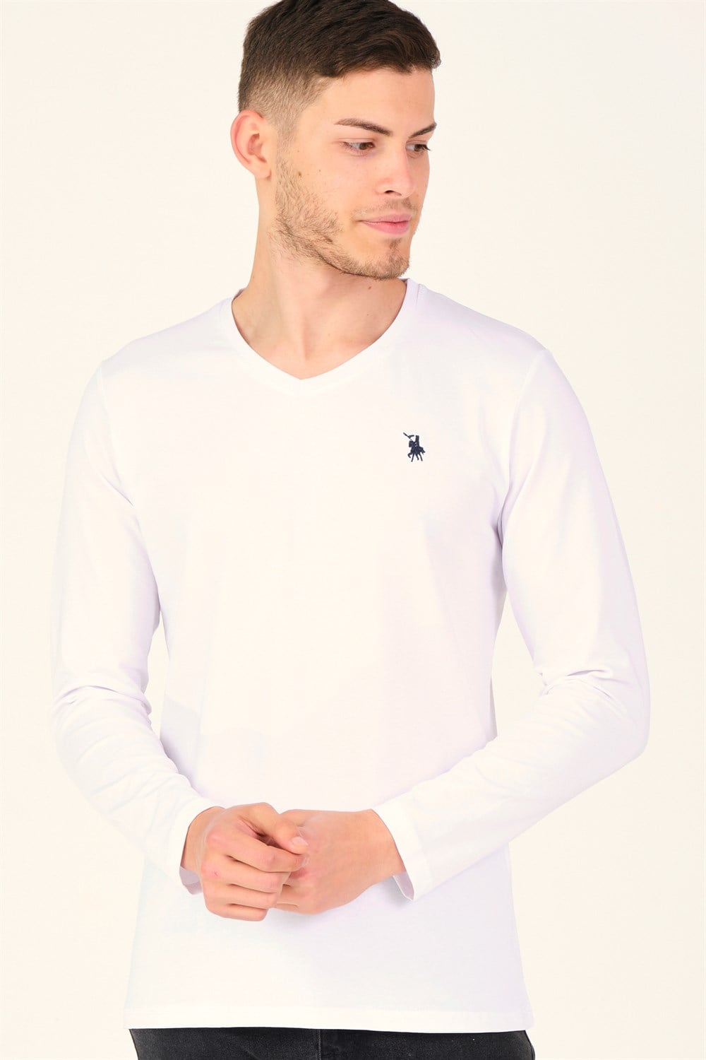T8587 DEWBERRY V YAKA ERKEK UZUN KOL T-SHIRT-AÇIK BEYAZ